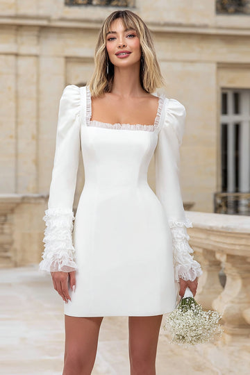 Crêpe ivoire à manches carrées Robe de mariée courte à volants